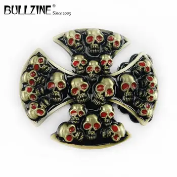 Пряжка для ремня Bullzine cross with skulls с эмалью и оловянным покрытием FP-03480 подходит для ремня шириной 4 см
