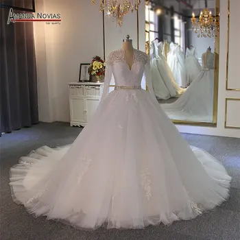 Элегантное белое свадебное платье с длинными рукавами и поясом, расшитым бисером, свадебное платье